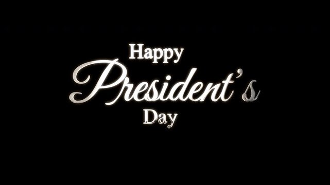 4K animation of silver "Happy President's Day" lettering and calligraphy on black background. Perfect for motion graphics, holiday greeyings, social media,
and festive video intros.
