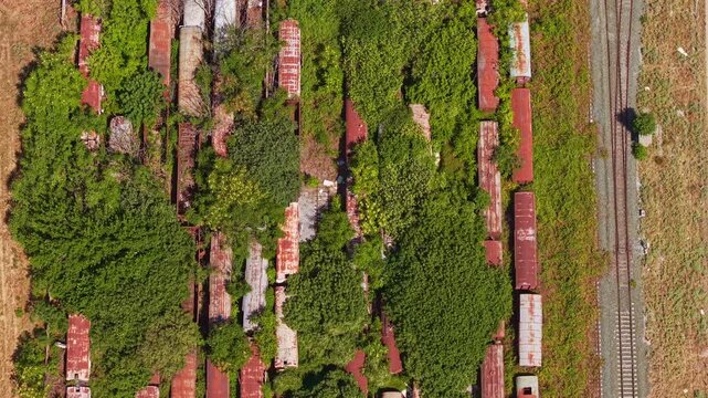 Aerial top down view of old rusty train wagons abandoned on overgrown tracks 