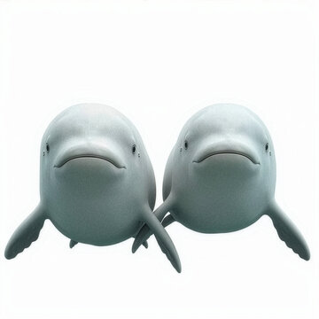 Two beluga whales. White arctic mammals. Marine life isolated on white background.