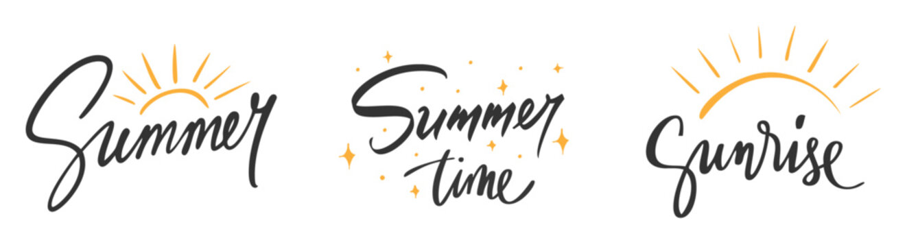 Summer lettering set. Handwritten quote summer time, sunrise with warm sun ray and sun decor. Tropical vacation, beach holiday, poster, sticker, tshirt, greeting art elements. Vector illustration