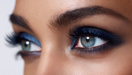 Fototapeta premium Close up shot of blue glittery eyeshadow and long eyelashes with blue eyes eyeshadow cosmetic eyelashes glamorous eyeliner cosmetics aesthetic close-up professional artistic expression
