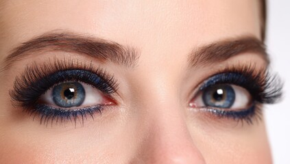 Naklejka premium Woman eyes with dramatic blue glitter eyeliner makeup eyeshadow cosmetic eyelashes glamorous eyeliner cosmetics aesthetic close-up professional artistic expression appearance cosmetology