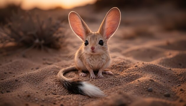 Adorable long-eared jerboa sitting on soft desert sand during a warm golden sunset, featuring huge backlit ears, large black eyes, and a long tufted tail.