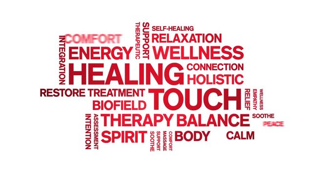 Healing Touch animated word cloud-text design animation tag kinetic typography seamless loop.