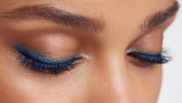 Extreme close up of woman eye with glittery blue eyeliner makeup eyeliner cosmetic eyelashes cosmetics glamorous eyeshadow aesthetic close-up professional artistic glittery expression