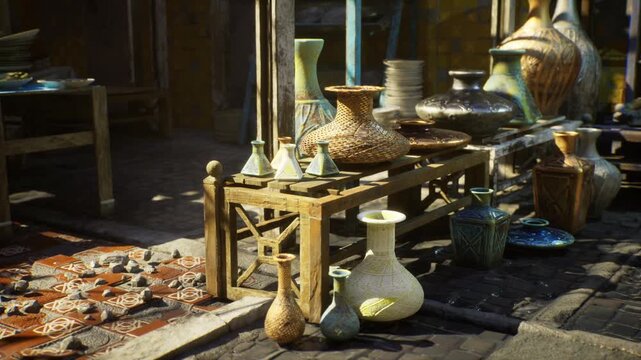 Sunbeam highlighting still life ceramics with warm glow and textured glazes on foreground crate, close view emphasizes shapes and finish seller imagined