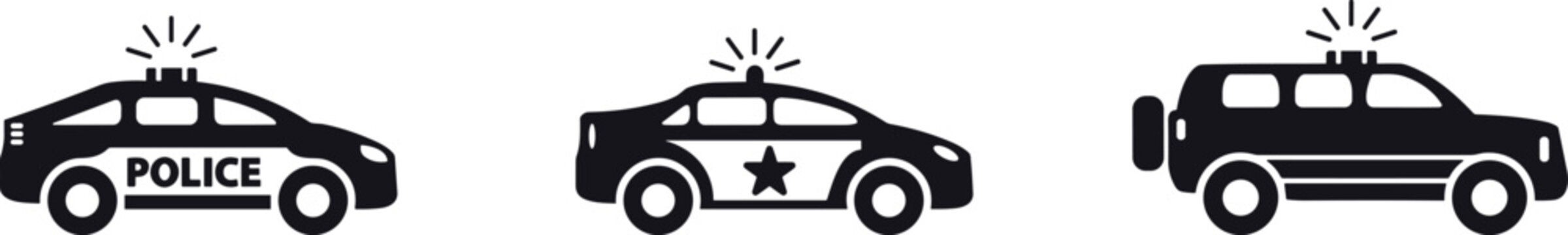 Police car silhouette icon set featuring patrol cruisers and law enforcement utility vehicle silhouettes graphic vector