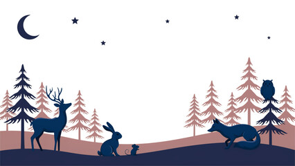 Two reindeer running through a snowy forest under a starry night sky Vector © Msttaslima