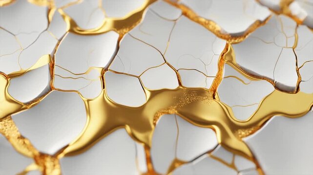 Cracked white porcelain repairs itself as flowing liquid gold fills each fracture, inspired by kintsugi craftsmanship with elegant ceramic textures and refined minimalist luxury aesthetic.