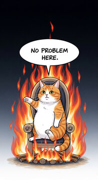 A cartoon cat sits on a throne engulfed in flames, declaring "No problem here", symbolizing resilience and unbothered demeanor in chaotic situations.