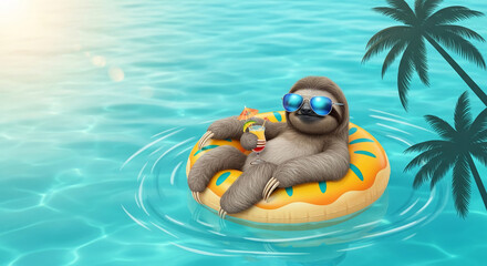 Fototapeta premium A relaxed sloth in sunglasses floats on a donut pool float in turquoise water, holding a cocktail, symbolizing leisure and vacation