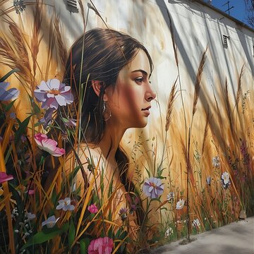 Woman mural art. Street graffiti portrait. Urban wall painting of a girl.
