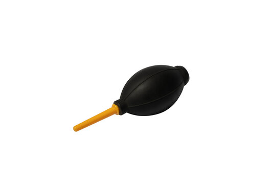 Black Rubber Air Blower with Yellow Nozzle for Camera Lens Cleaning on Black Background