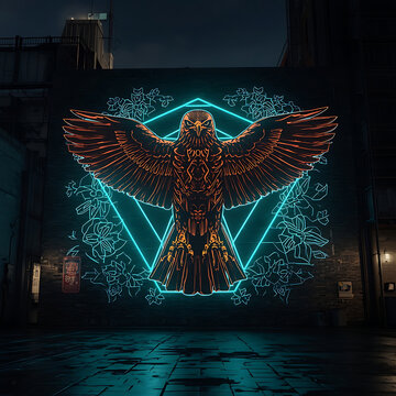 Neon owl mural. Glowing bird wall art. Urban street graffiti design.