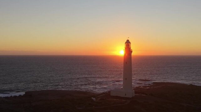 Cape Leeuwin Lighthouse at Sunset, Historic White Beacon in Augusta, Western Australia - Aerial View