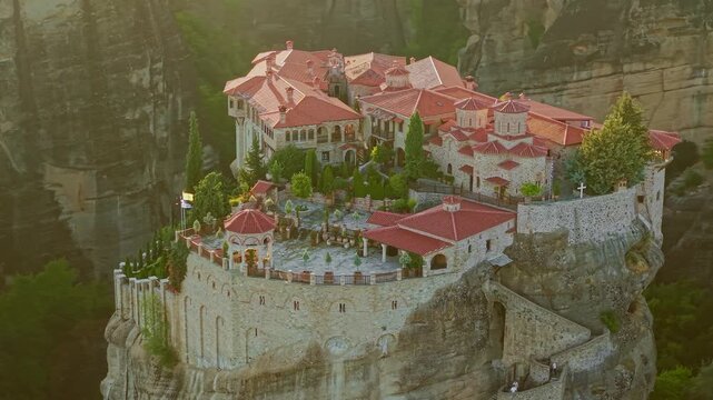 Aerial view of the Holy Monastery of Varlaam at Sunset, Meteora, Greece