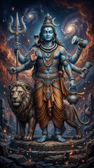 Obraz premium Blue deity with multiple arms stands on a rocky platform with a lion, holding spiritual objects against a cosmic background, symbolizing divine power and spirituality