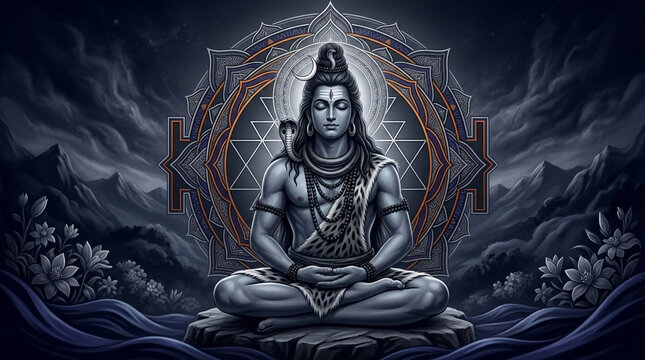 Meditating figure with serpent, moon, and intricate mandala, symbolizing spiritual peace, power, and cosmic harmony, a representation of divine consciousness
