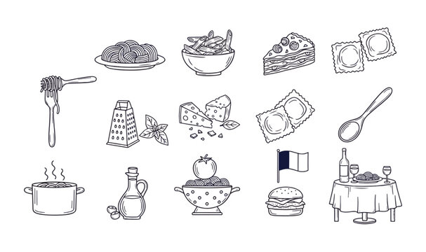 Premium Italian Pasta & Restaurant Doodle Pack - Hand-Drawn Minimalist Spaghetti, Ravioli, Cheese Grater, Olive Oil Bottle  Dining Table Vector Clipart Bundle
