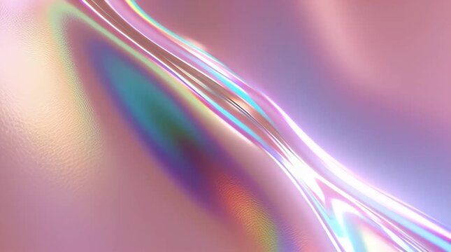 Flowing abstract background with iridescent holographic colors. Vibrant rainbow gradients on a metallic glossy texture with soft light reflections and liquid waves.