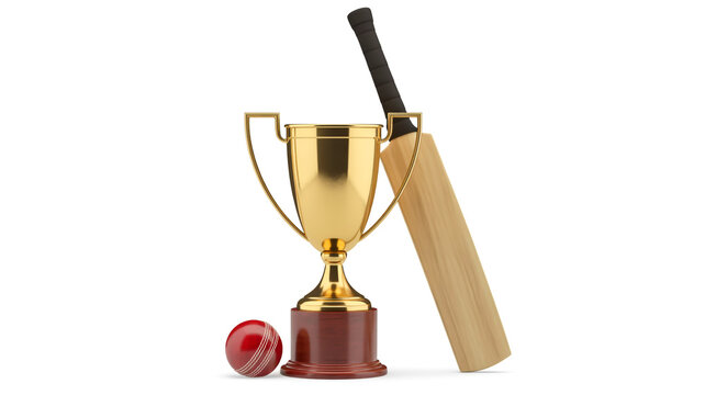 A cricket trophy with bat and ball on a table indoors