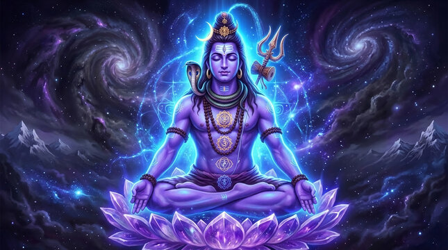 A purple figure in meditation, surrounded by a nebula and stars, symbolizing cosmic consciousness and spiritual power, ideal for spiritual or celestial themes