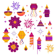 Fototapeta premium Diwali celebration elements lamps fireworks and festive decorations vector set