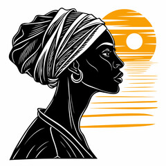 Woman with Headwrap Gazing at a Stylized Sun Illustration Featuring Silhouette, Profile, Portrait with African and Cultural © MdShohidul
