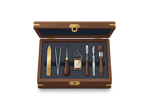Book repair tool kit. Leather bookbinding tools. Restoration equipment.