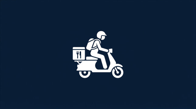 Man courier riding scooter with backpack for food delivery. Digital icon of worker delivering meal. Transportation service for commerce and mobile application interface graphic design.