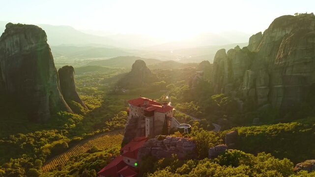Aerial view of the Monastery of Rousanou at Golden Hour, Meteora, Greece