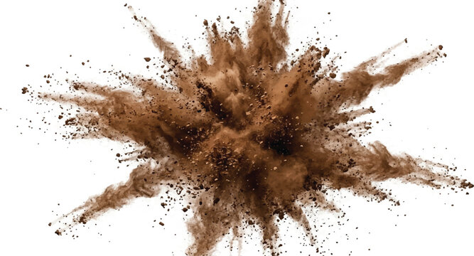Explosion of brown dust particles against white background with explosion particles isolated background abstract vibration elemental material