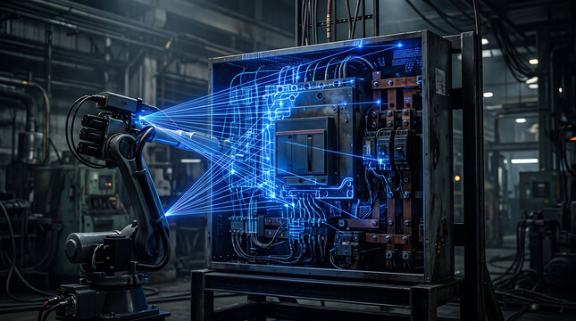 Industrial engineer inspecting high-voltage circuit breaker with laser scanning technology. Futuristic electrical diagnostics using blue laser mapp...