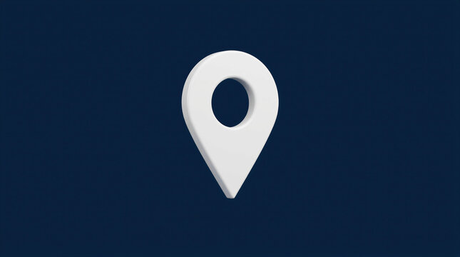 White location pin icon on dark blue background. Map marker for navigation and travel route. Digital symbol for shop retail address locator and logistics delivery commerce concept.