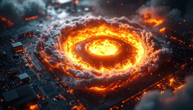 Fiery explosion erupts from a computer chip, surrounded by smoke and sparks