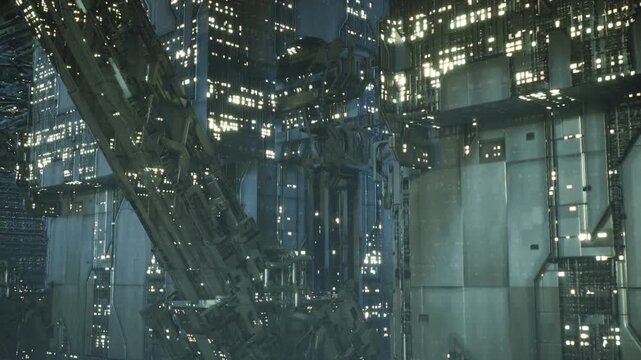 Complex innercity industrial core with illuminated windows and massive support beams, maintenance teams implied by lit service alcoves and scaffolds, cool