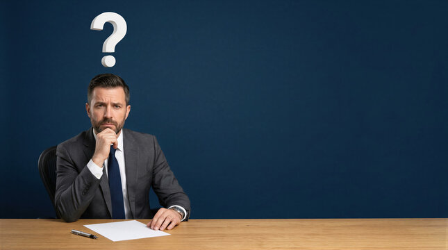 Confused businessman in suit sitting at desk with questioning mark above head. Thinking entrepreneur looking for solution to commercial problem. Decision making and business management concept.