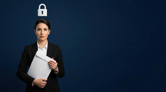 Business woman holding white document folder under floating padlock icon. Concept of information security, confidential data protection and privacy in corporate finance and commerce.