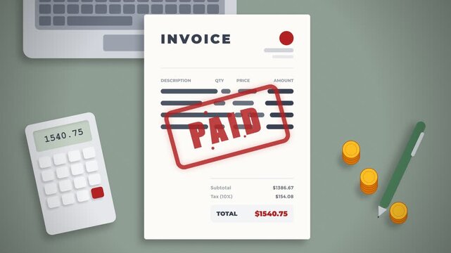 Animated invoice payment process featuring billing documents, calculator, coins, and a paid stamp, ideal for accounting, finance, bookkeeping, business, and payment confirmation concepts.