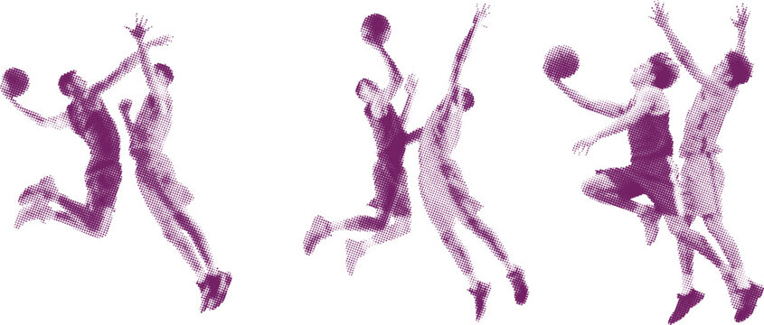 Basketball players in pairs action defense and offense poses purple vector silhouettes collection with retro halftone dot pattern effect