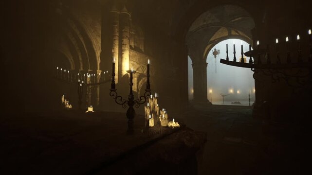 Abandoned crypt interior with scattered candles, damp stone floor and arched niches, creeping fog and echoing silence suggest exploration and archaeological
