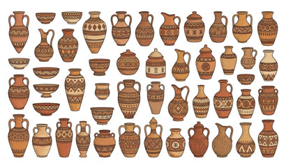 Fototapeta premium Patterned pottery collection with tribal geometric designs vector illustration