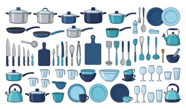 Kitchen utensils and cookware collection in blue tones vector illustration