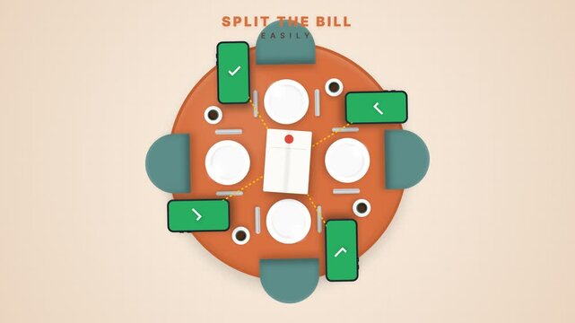 Animated split bill payment scene at a restaurant table with smartphones, plates, and shared expenses, ideal for group dining, expense sharing, fintech, mobile payment, and cashless lifestyle concepts