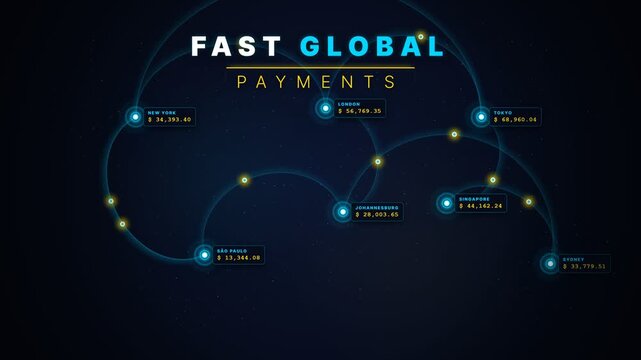Animated global payment network connecting major world cities, representing international transactions, cross border payments, remittance, digital banking, global finance, and worldwide business conne