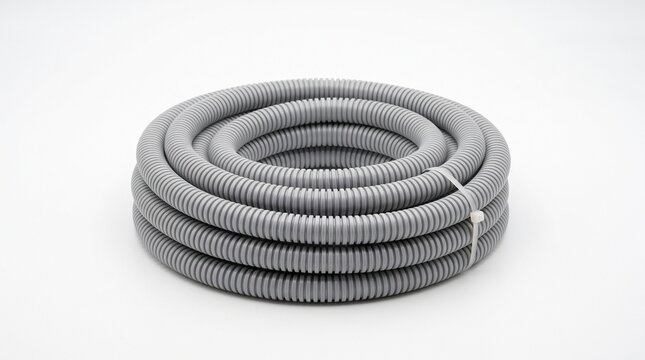 Coiled flexible pipe made of plastic in gray color on white background  