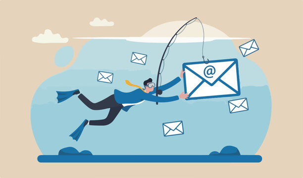 Phishing email, fraud or scam mail offer fake login or password form to steal personal information, online concept, greedy businessman to diving underwater catch email envelope fishing hook