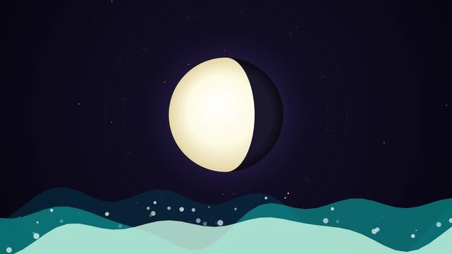 Minimalist 2D animation of moon phases shining over stylized sea waves at night.