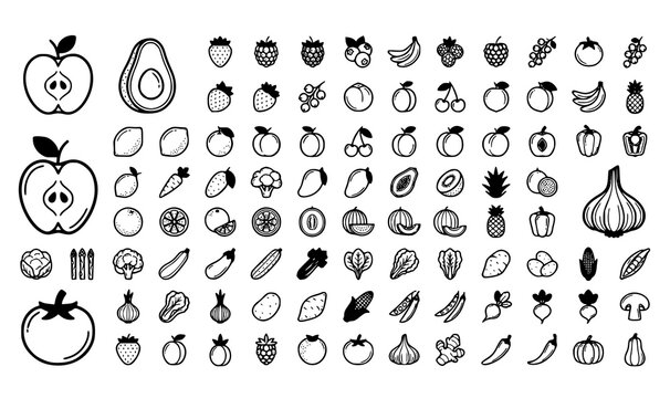 Modern minimalist duo tone farm market line icons collection featuring fresh fruit and vegetable symbols