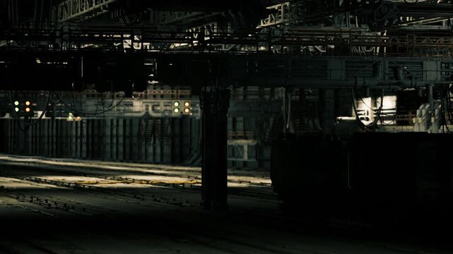 Empty platform edge under low illumination, passing light streaks and heavy shadows, suspenseful transit pause suggesting imminent arrival or halted operations